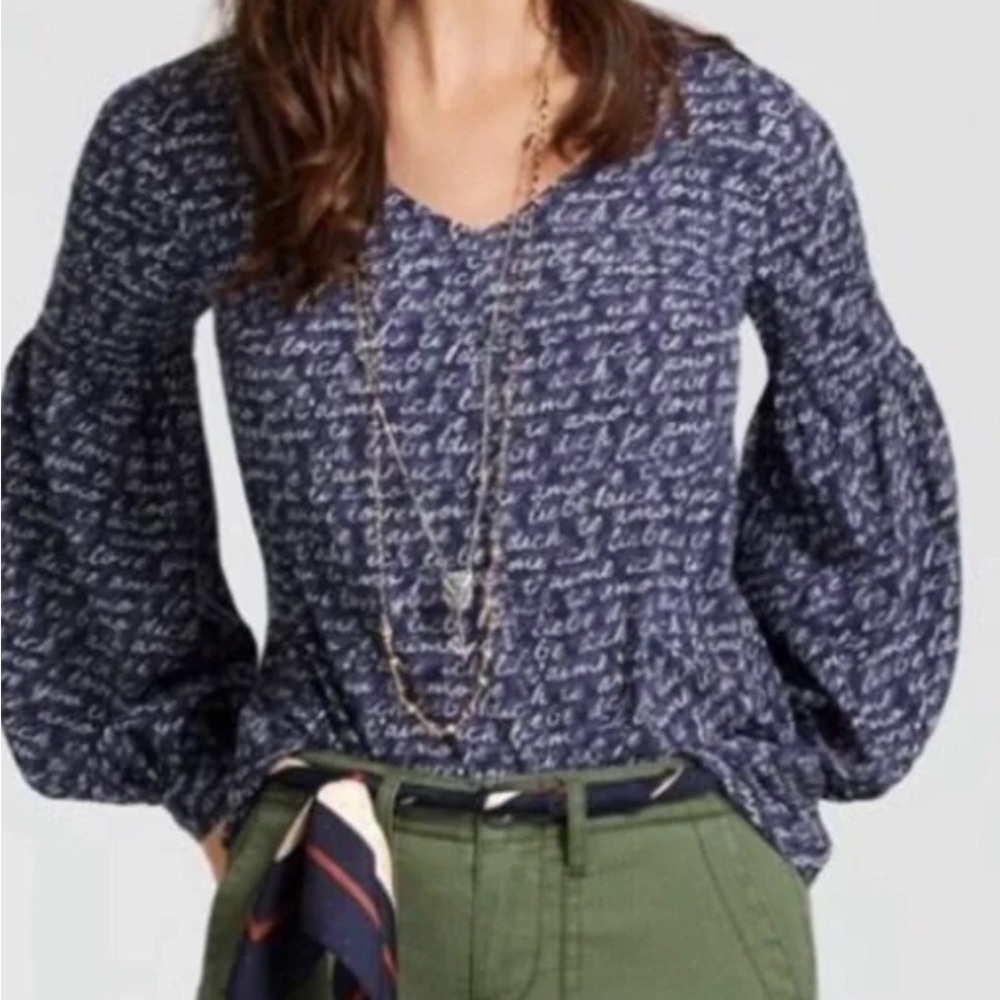 CAbi Love Script Print Te Amo Navy Blouse Puff Sleeves Size S